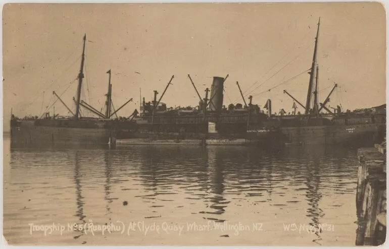 Image: Troopship No. 5 (Ruapehu) at Clyde Quay Wharf. Wellington. NZ