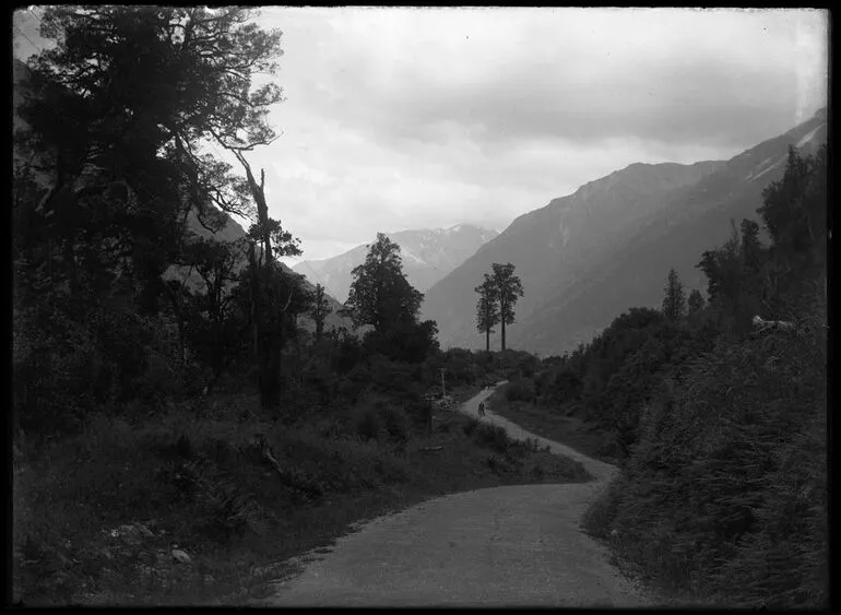 Image: In the Otira valley showing the coach road, and Mt Rolleston in distance.