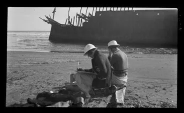 Image: Sketching, with Miss Franklin, at Hydrabad wreck on Hokio-Waitarere beach, September 1935