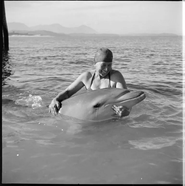 Image: Mrs Goodson with Opo the dolphin, Opononi