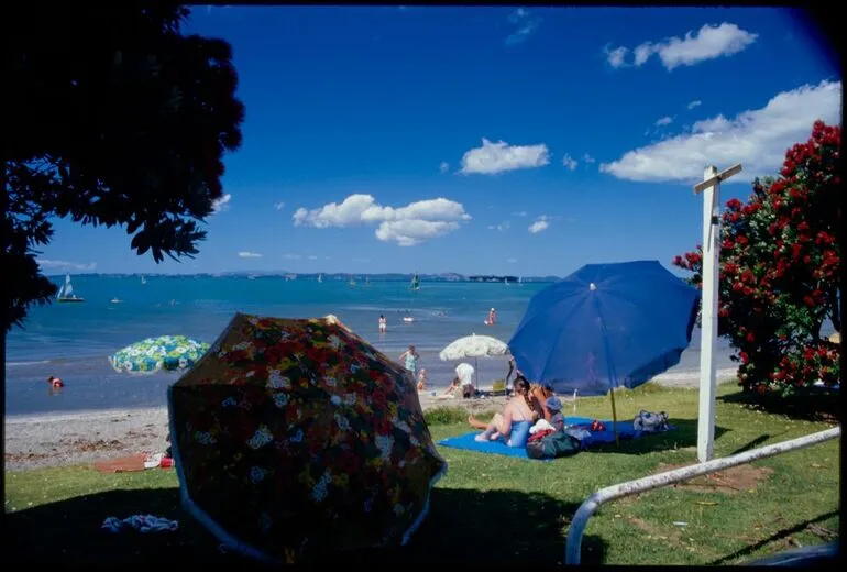 Image: Sunbathers and swimmers as seen on a fine day