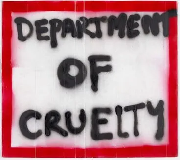 Image: 'Department of Cruelty' placard