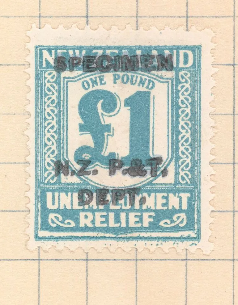 Image: One pound Unemployment Relief stamp overprinted 'Specimen'