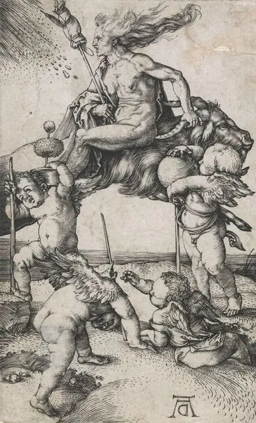 Image: Witch riding backwards on a goat