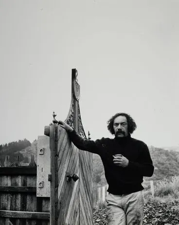 Image: Ralph Hotere outside "first studio" on Flagstaff, Port Chalmers