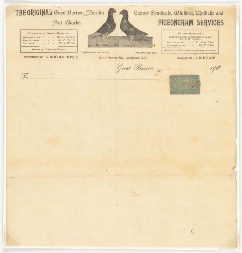 Image: Great Barrier Pigeongram Service: Type four Flimsy
