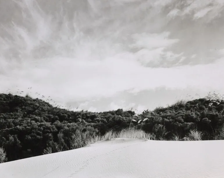 Image: Sand dune, manuka, clouds, Pakiri