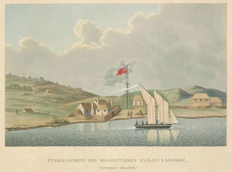 Image: Établissement des missionnaires anglais a Kidikidi, (Nouvelle-Zélande.) (English missionary settlement at Kerikeri, New Zealand)