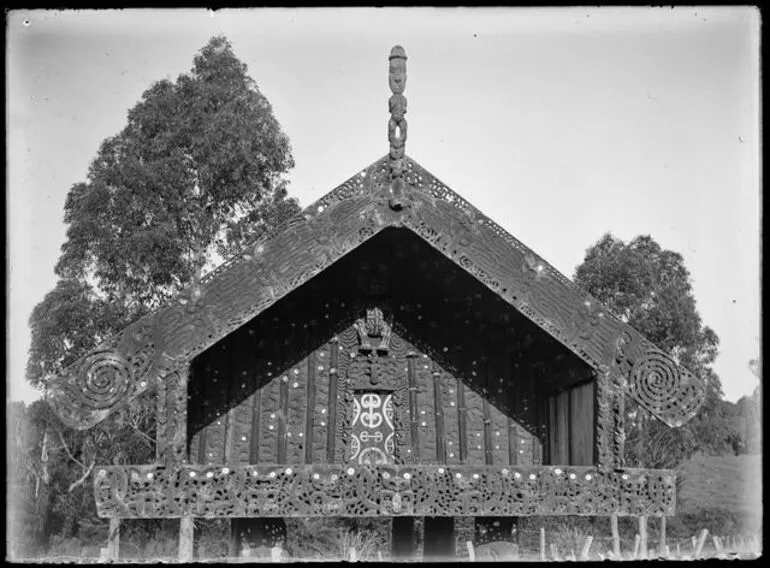 Image: Ancient carved pataka or Maori store-house situated on the southern shore of Lake Papaitonga, Horowhenua Country, 28 March 1910