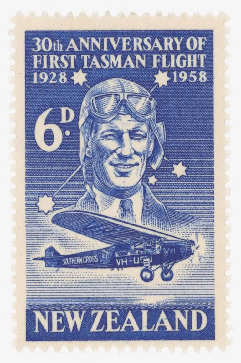 Image: Issued six penny 'Sir Charles Kingsford-Smith' 30th Anniversary of First Tasman Flight stamp