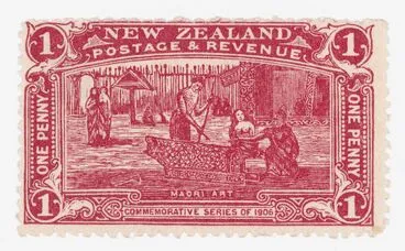 Image: Issued one penny 'Maori Art' Christchurch Exhibition stamp in claret