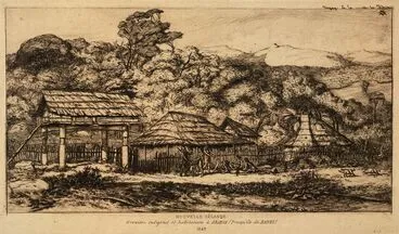 Image: Greniers indigènes et habitation à Akaroa, presqu'île de Banks, 1845.