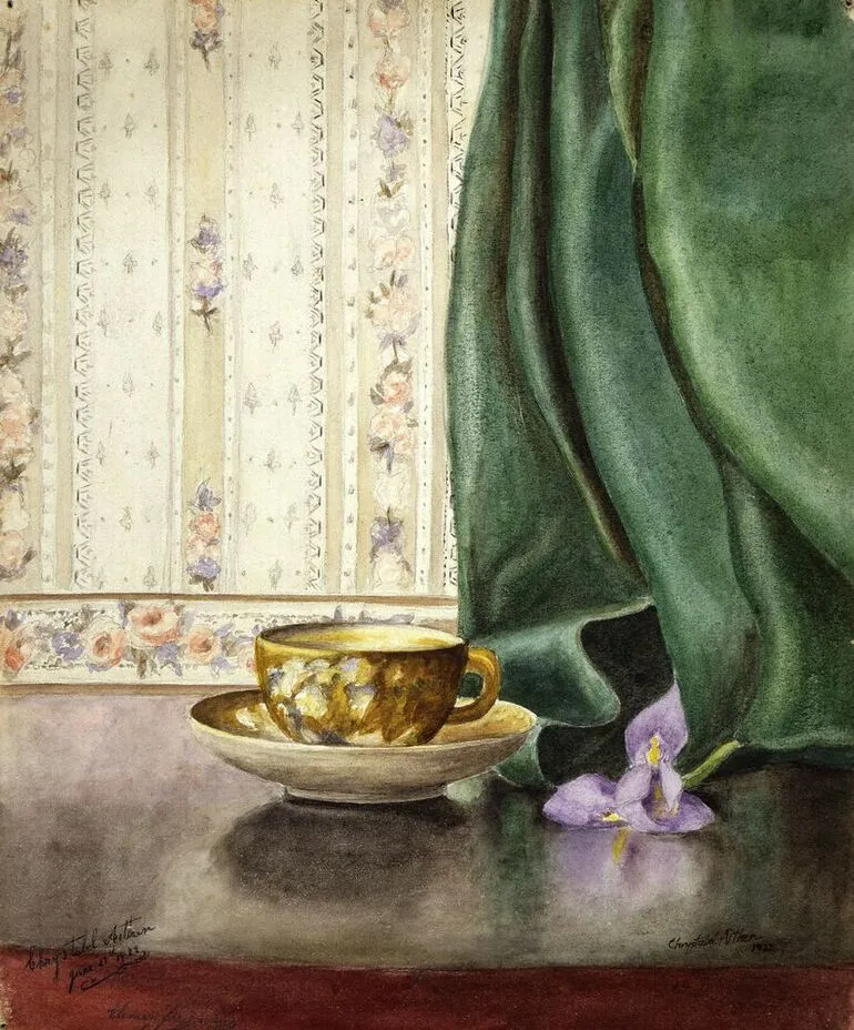 Image: Still life : teacup, wallpaper, orchid.