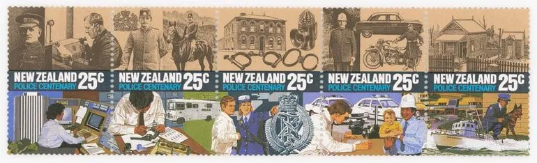Image: Se tenant strip of five issued twenty five cent 'Centenary of New Zealand Police' stamps