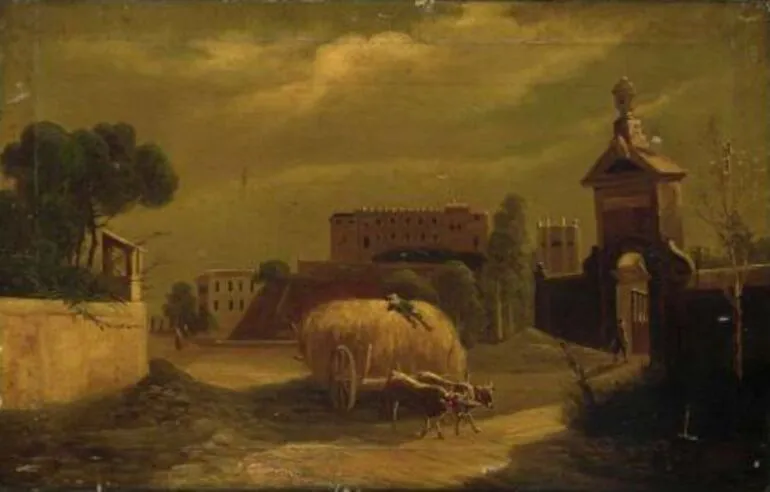 Image: Scene at city gate with hay wagon