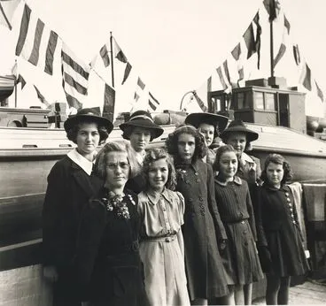 Image: Daughters of shipbuilders at boat launching, Auckland, August 1944.
