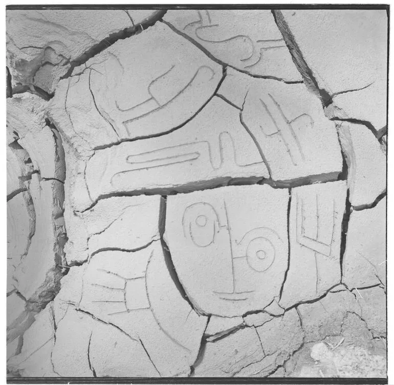 Image: Black and white negative of cracked mud with added decoration by Theo Schoon