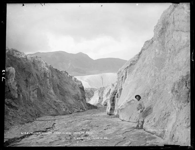 Image: Water course worn in mud near Te Ariki, after eruption June 10 1886