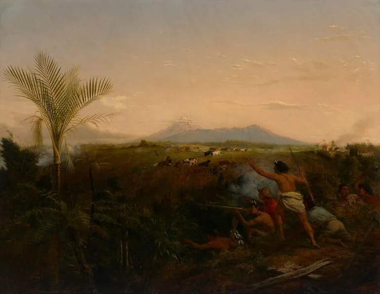 Image: View of Mt Egmont, Taranaki, New Zealand, taken from New Plymouth, with Maoris driving off settlers’ cattle