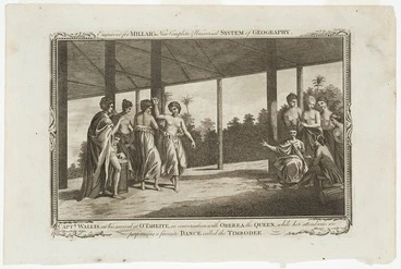 Image: Hamilton, William 1751-1801 :Capt[ai]n Wallis, on his arrival at O'Taheiti, in conversation with Oberea the Queen while her attendants are performing a favorite dance called the Timrodee / Hamilton delin ; Morris sculp. [London, Alexander Hogg, 1782]