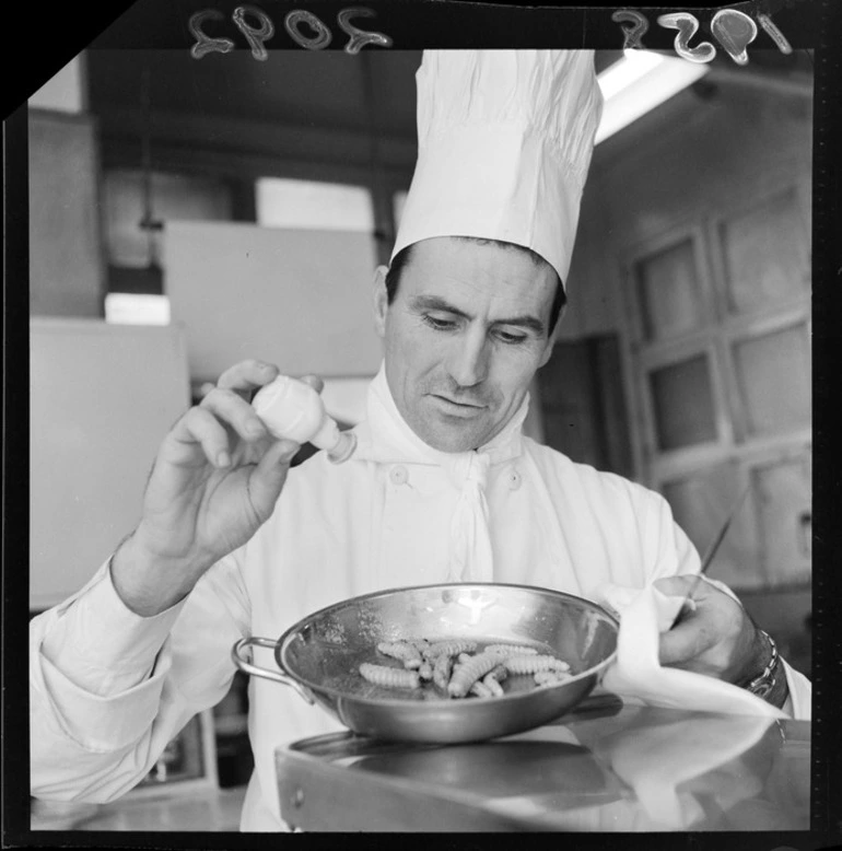 Image: Chef Mr Mulvay cooking huhu grubs