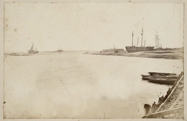 Image: Hokitika River mouth, West Coast, with shipwrecks ashore