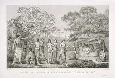 Image: Piron, d after 1795 :Danse des Iles des Amis, en presence de la Reine Tine / Piron del., Copia sculp., Dien scripsit. No. 27 [1800]