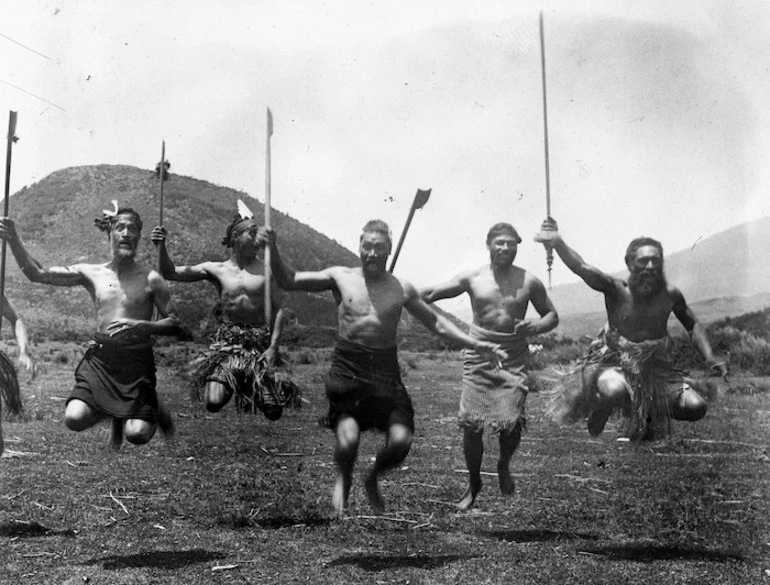 Image: Men of Ngati Tuwharetoa performing a haka at Tokaanu