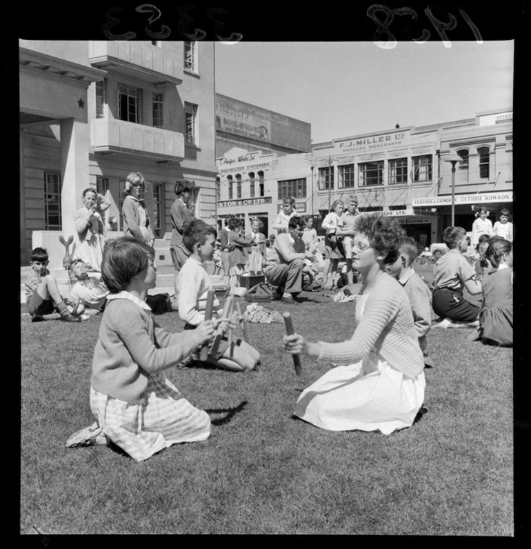 Image: Students from South Wellington School practicing Maori stick games (Ti Rakau), Civic Square, Wellington