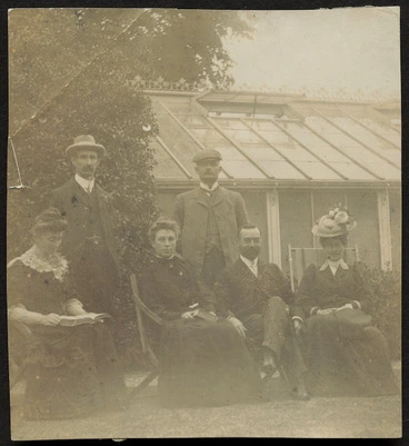 Image: Group, including the parents of Walter D'Arcy Cresswell, at Avondene, Stratford-on-Avon, England