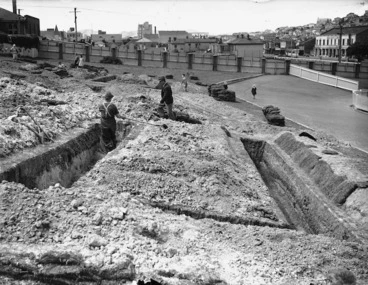Image: Trenches being dug in the Basin Reserve during World War II