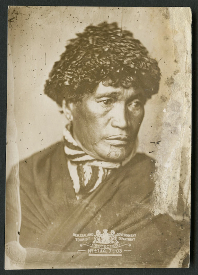 Image: NZ Government Tourist Department : Portrait of unidentified Maori widow with moko kauae and wearing a potae taua