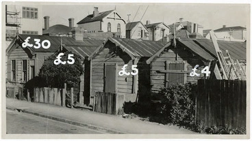 Image: Cottages in Haining Street, Wellington, with 1947 prices