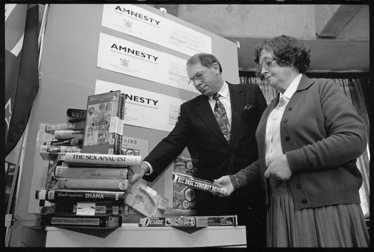 Image: Graeme Lee and Patricia Bartlett with banned pornographic videos - Photograph taken by Phil Reid