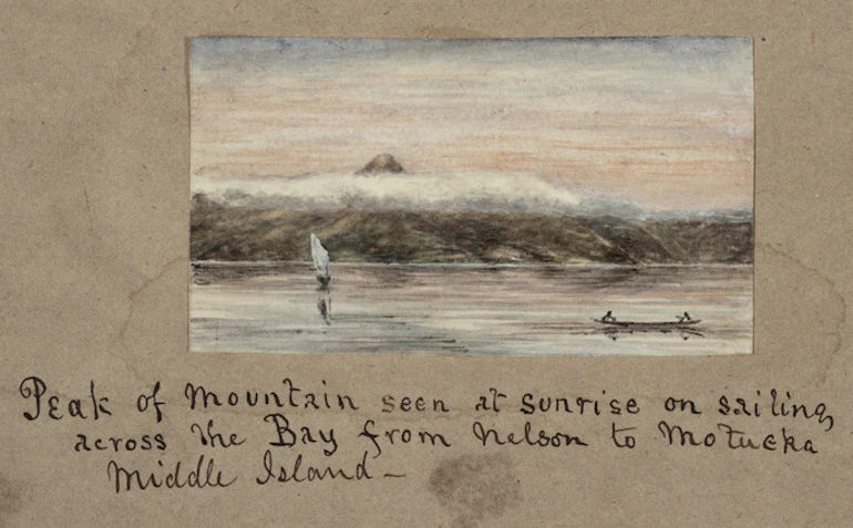 Image: Pearse, John, 1808-1882 :[New Zealand coastal views, 1854 - 1856] Peak of mountains seen at sunrise on sailing across the bay from Nelson to Motueka