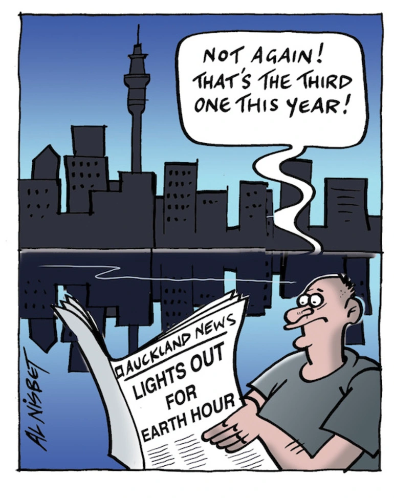 Image: "Not again! That's the third one this year!" Auckland News. Lights out for Earth Hour. 28 March 2009