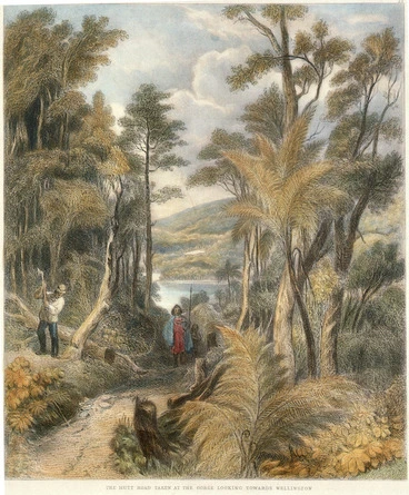 Image: [Brees, Samuel Charles] 1810-1865 :The Hutt Road taken at the gorge looking towards Wellington. [No.] 22. Drawn by S C Brees. Engraved by Henry Melville. (3rd image on plate 7). [1847].