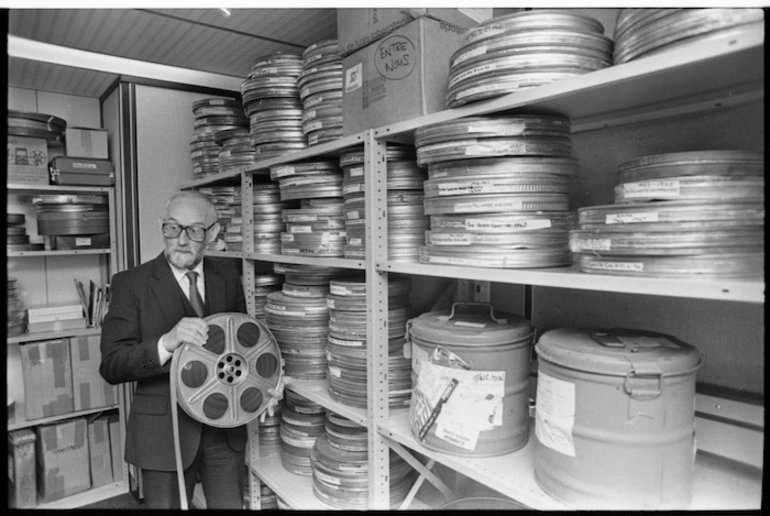 Image: Chief film censor Arthur Everard with reels of film - Photograph taken by Merv Griffiths