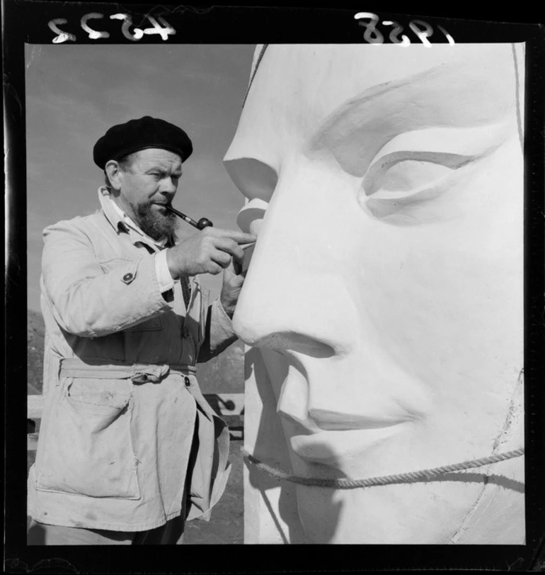 Image: Artist Martin Roestenberg, working on his statue of The Virgin Mary, Our Lady of Lourdes, on site at Paraparaumu, Kapiti Coast district