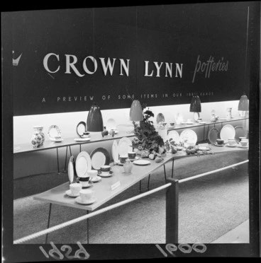 Image: Crown Lynn display of cups, saucers and plates at the Wellington Industries Fair exhibits