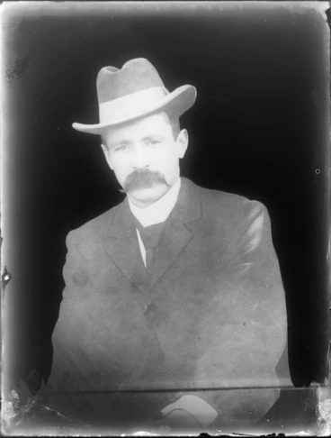 Image: Upper torso portrait of unidentified man with handlebar moustache and hat, probably Christchurch region
