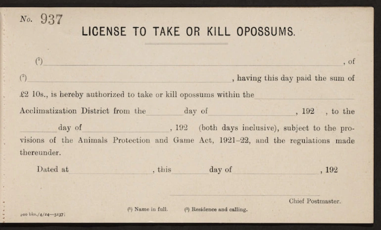 Image: [New Zealand. Post & Telegraph Department] :License to take or kill possums. 200 bks./4/24 - 5237 [Page in booklet. 1924]