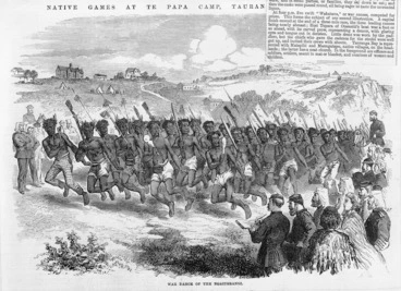 Image: Illustrated London news :War dance of the Ngaiterangi. Native games at Te Papa Camp, Tauranga, New Zealand [1865]... after Lieutenant H. Robley. (London, 1866)