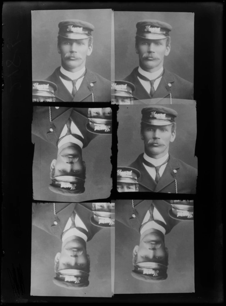 Image: Studio head portrait of unidentified man with large moustache dressed in guard's uniform and cap, six multiple images on one, Christchurch