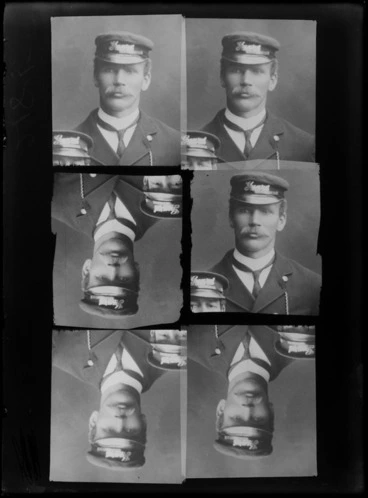 Image: Studio head portrait of unidentified man with large moustache dressed in guard's uniform and cap, six multiple images on one, Christchurch