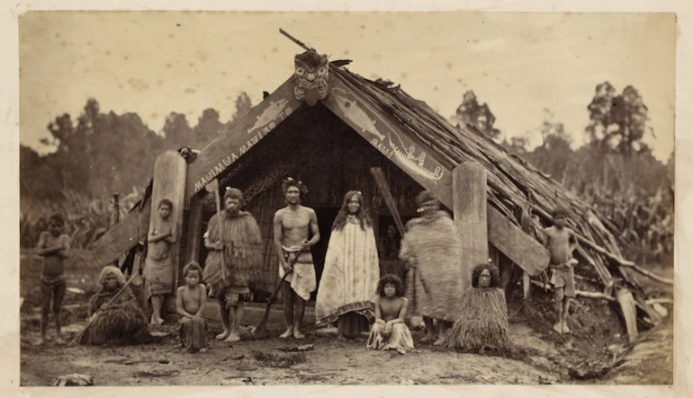 Image: Bragge, James 1833-1908 : Unidentified group of people in front of a meeting house in Masterton