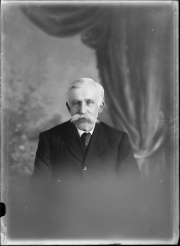 Image: Head and shoulders studio portrait of unidentified elderly man with large moustache, probably Christchurch district