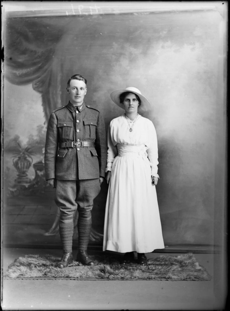 Image: Studio portrait of unidentified soldier in uniform with his wife, probably Christchurch district