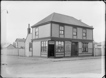 Image: Street front view of Mrs Owen's Melrose Dairy Fruiterer and Confectioner and D Owen Printer and Bookbinder on Madras Street, Christchurch