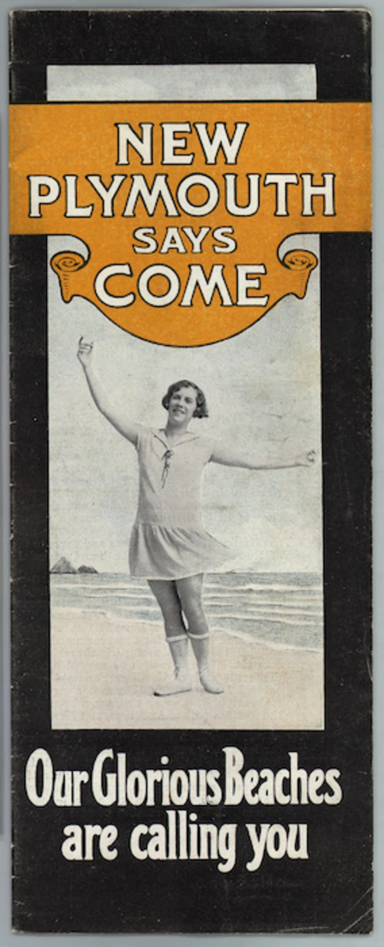 Image: New Plymouth Tourist & Expansion League (Inc) :New Plymouth says Come; our glorious beaches are calling you. [Brochure cover. 1920s?]